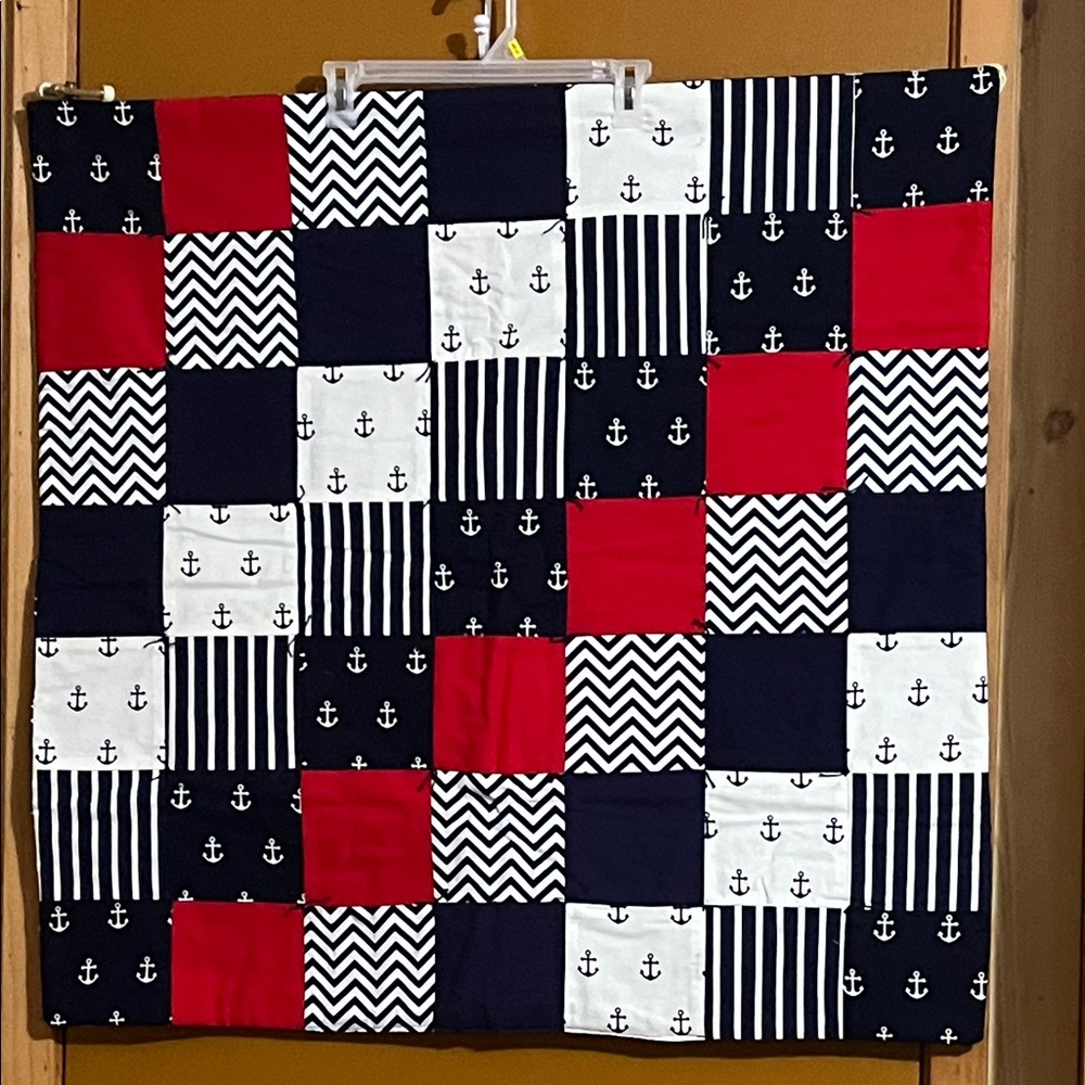 Nautical Patchwork Crib or Lap Quilt- Red, Navy & White With Anchors on Backside